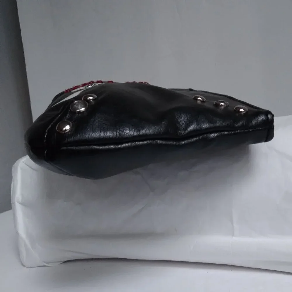 Black Bling Studded Skull Pirate Wristlet with Leather Wrapped Silver Link Chain - Picture 4 of 8